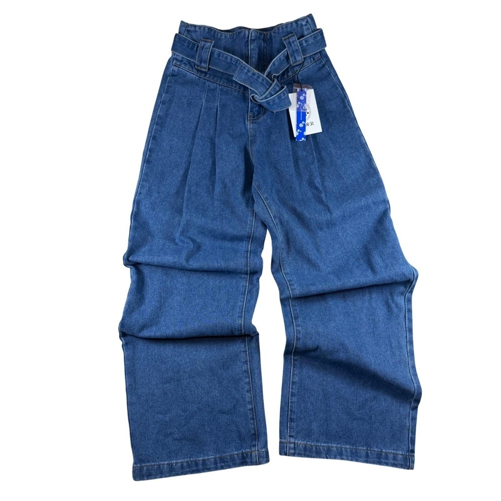 NWT Cider Wide Leg Jeans Paperbag Waist Belted Medium Wash Denim Women's XS